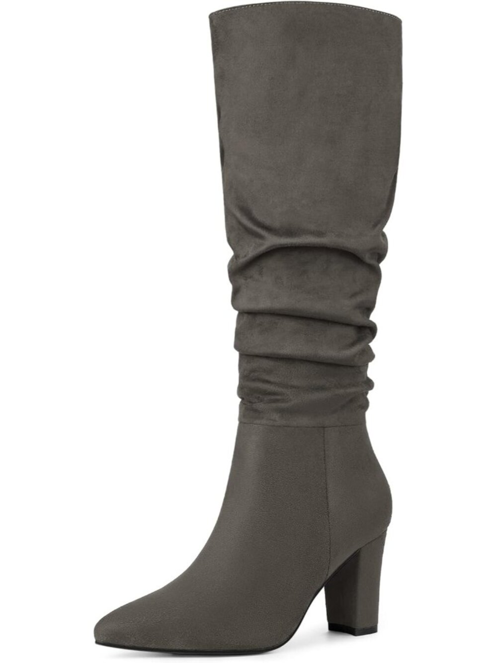 🆕Women's Dark Grey Slouchy Pointed Toe Knee High Boots Chunky Block Heel Shoes